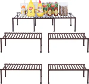 STORAGE MANIAC Set of 4 Expandable Kitchen Rack Wire Shelf Organizer Adjustable Metal Pantry Storage for Plate Dish Cabinets Counter, Brown