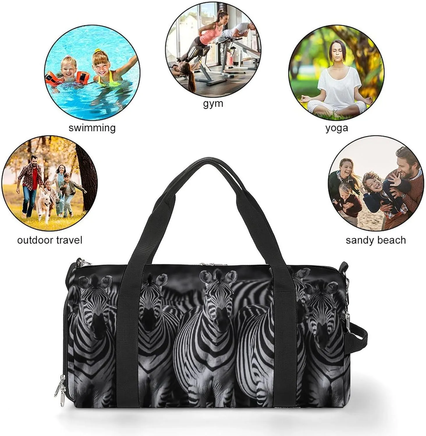 Striped Zebra Sports Duffel Bag for Men Women with Wet Pocket and Shoe Compartment