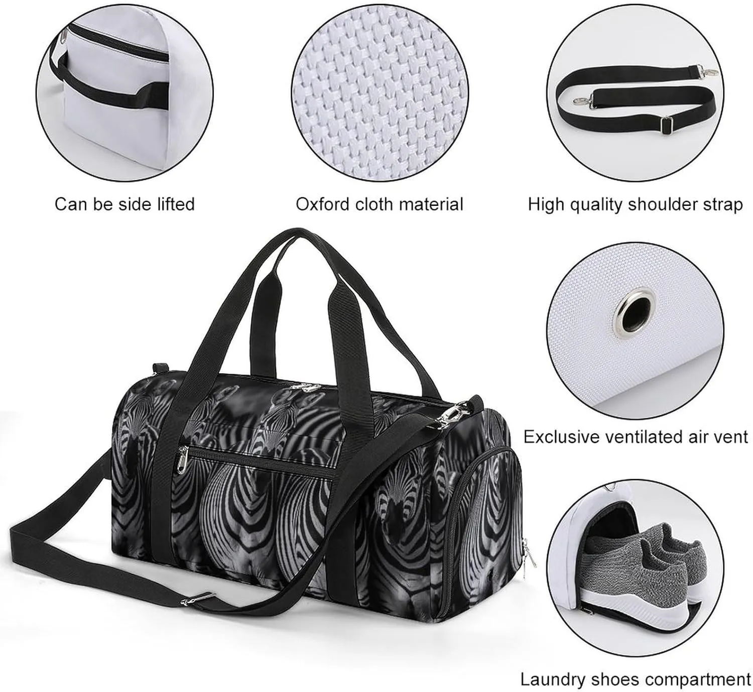 Striped Zebra Sports Duffel Bag for Men Women with Wet Pocket and Shoe Compartment
