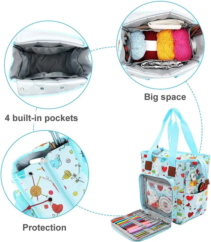 SumDirect Yarn Bag, Knitting Organizer Tote Bag Portable Storage Bag for Yarns, Carrying Projects, Knitting Needles, Crochet Hooks, Manuals and Other Accessories (Cute Blue)