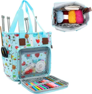 SumDirect Yarn Bag, Knitting Organizer Tote Bag Portable Storage Bag for Yarns, Carrying Projects, Knitting Needles, Crochet Hooks, Manuals and Other Accessories (Cute Blue)
