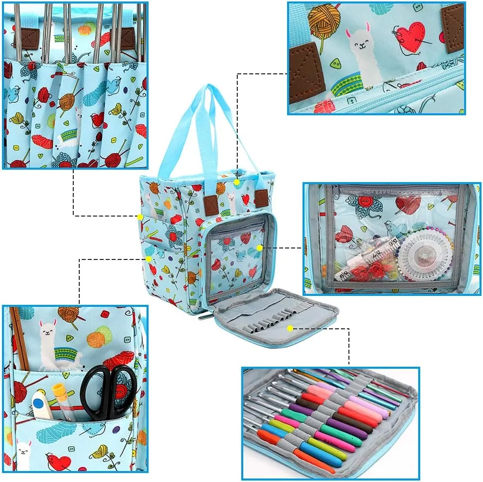 SumDirect Yarn Bag, Knitting Organizer Tote Bag Portable Storage Bag for Yarns, Carrying Projects, Knitting Needles, Crochet Hooks, Manuals and Other Accessories (Cute Blue)