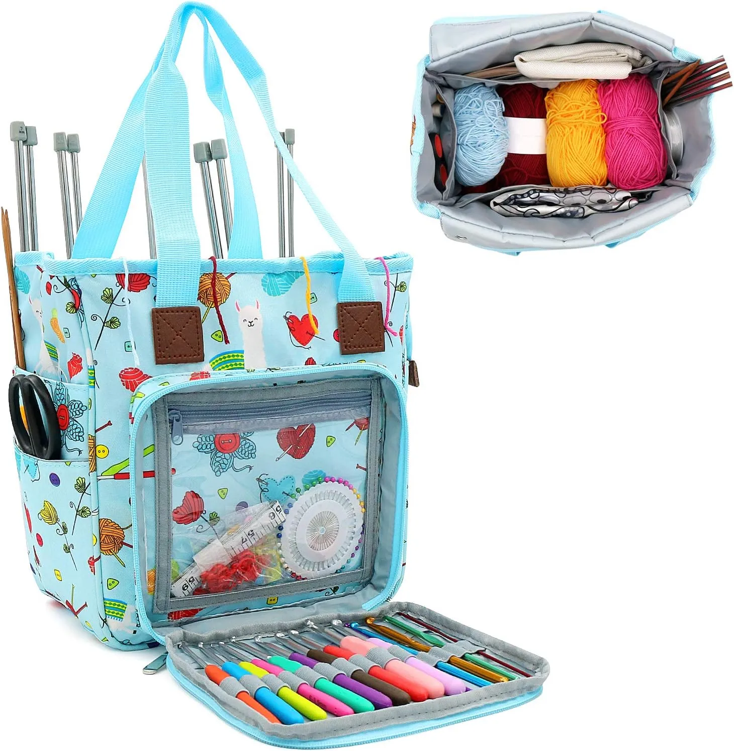 SumDirect Yarn Bag, Knitting Organizer Tote Bag Portable Storage Bag for Yarns, Carrying Projects, Knitting Needles, Crochet Hooks, Manuals and Other Accessories (Cute Blue)