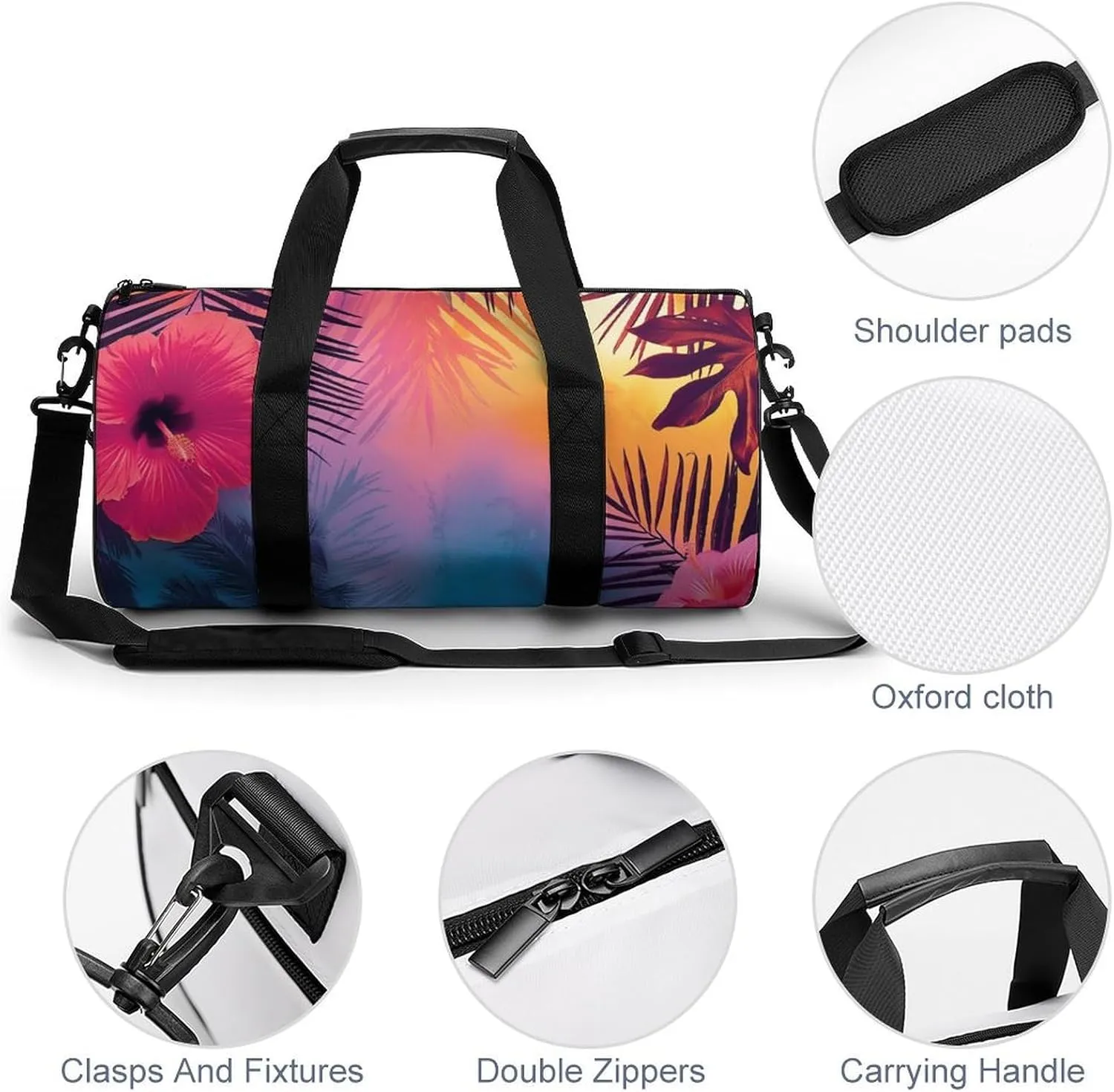 Sunset in Paradise Travel Gym Bag for Women Men Palm Leaves And Flowers Cylindrical Duffle Bag Sport Workout Bag with Shoulder Strap