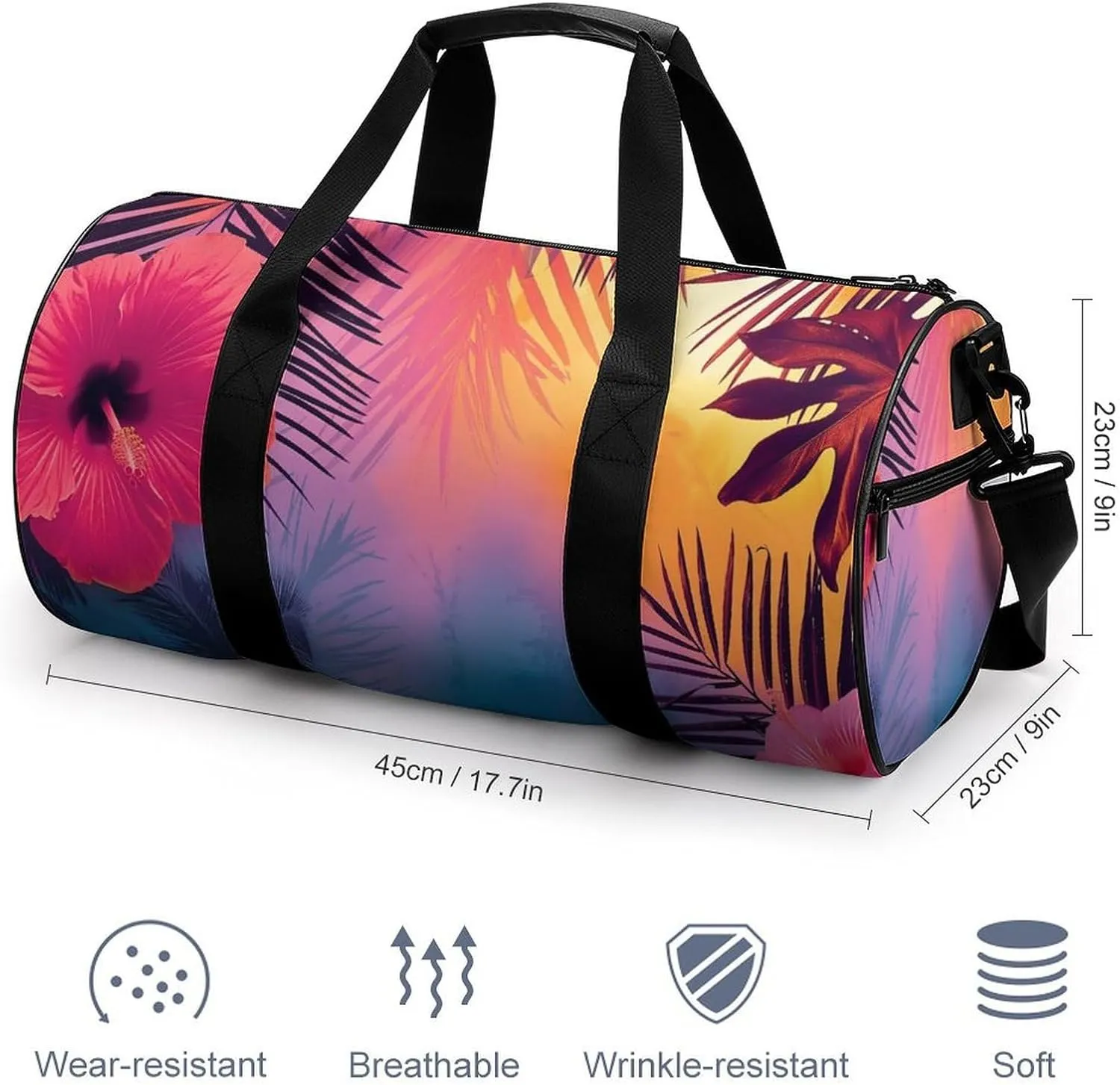 Sunset in Paradise Travel Gym Bag for Women Men Palm Leaves And Flowers Cylindrical Duffle Bag Sport Workout Bag with Shoulder Strap