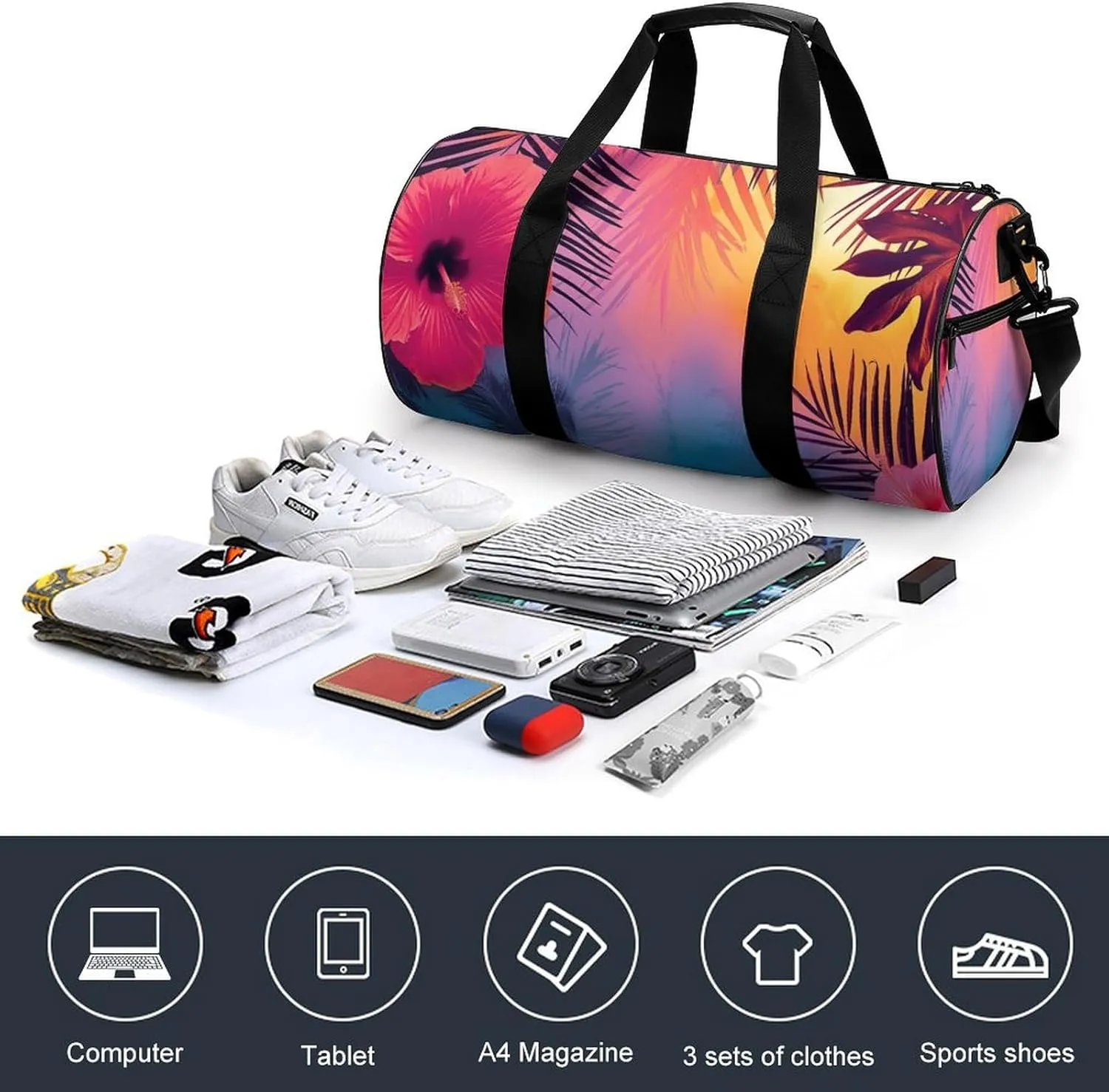 Sunset in Paradise Travel Gym Bag for Women Men Palm Leaves And Flowers Cylindrical Duffle Bag Sport Workout Bag with Shoulder Strap