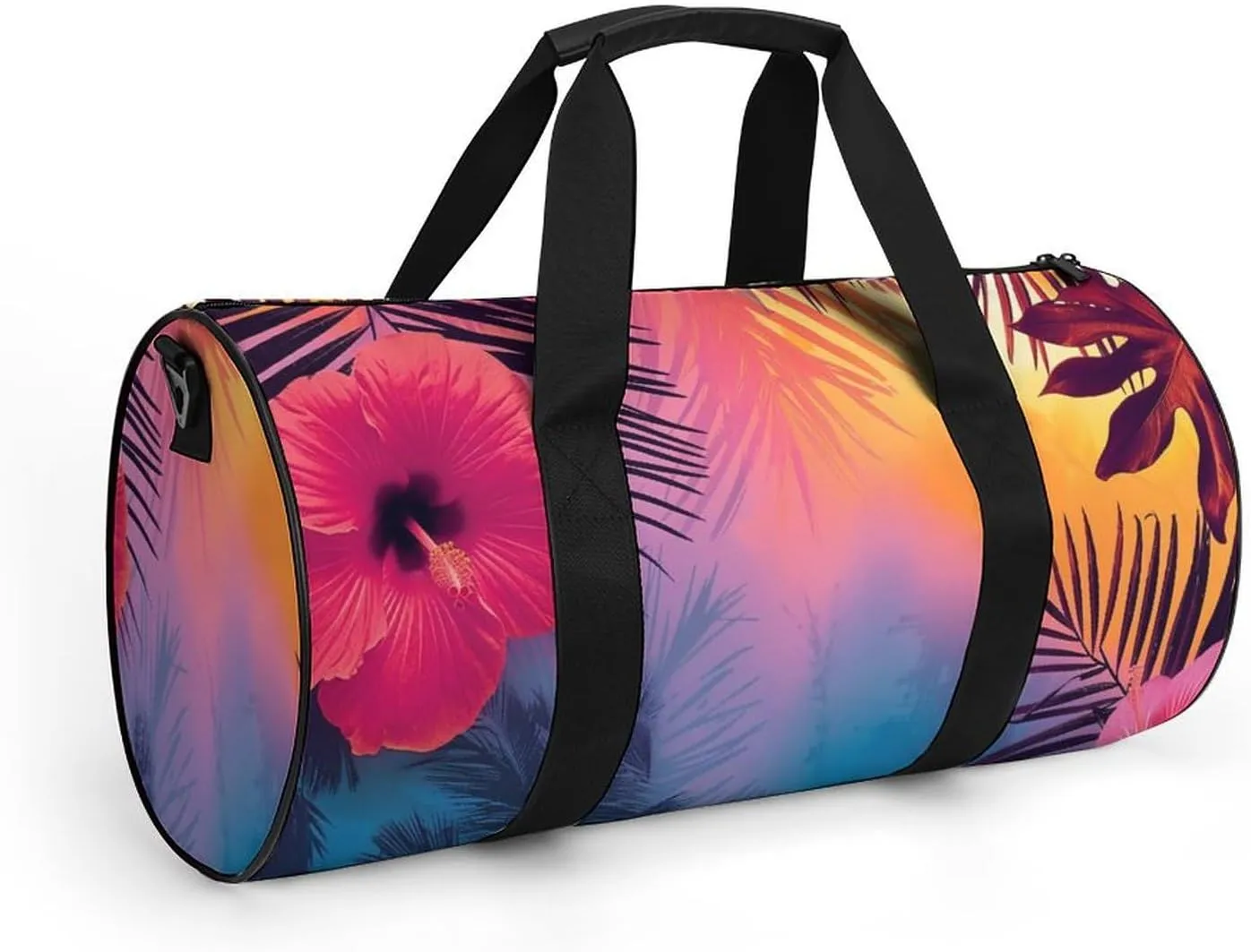 Sunset in Paradise Travel Gym Bag for Women Men Palm Leaves And Flowers Cylindrical Duffle Bag Sport Workout Bag with Shoulder Strap