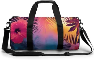 Sunset in Paradise Travel Gym Bag for Women Men Palm Leaves And Flowers Cylindrical Duffle Bag Sport Workout Bag with Shoulder Strap
