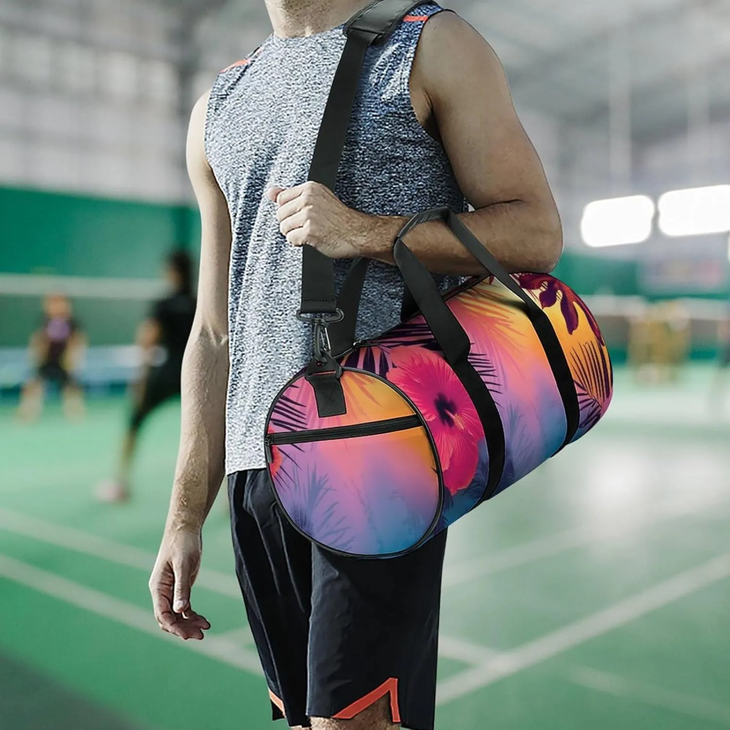 Sunset in Paradise Travel Gym Bag for Women Men Palm Leaves And Flowers Cylindrical Duffle Bag Sport Workout Bag with Shoulder Strap