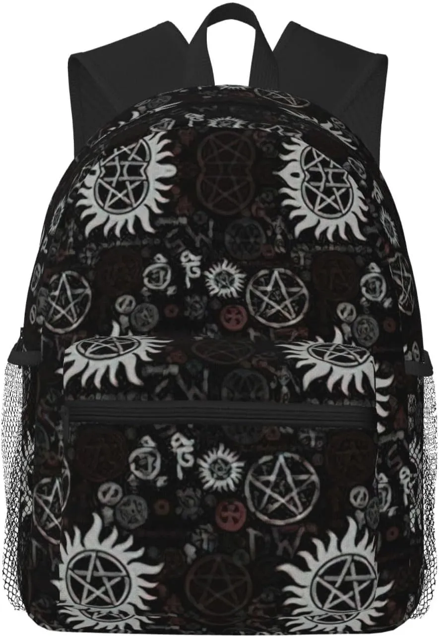 Supernatural Symbols Black Print Laptop Backpack Anti Water Bag For Men Women, Travel, College, Work, And Business