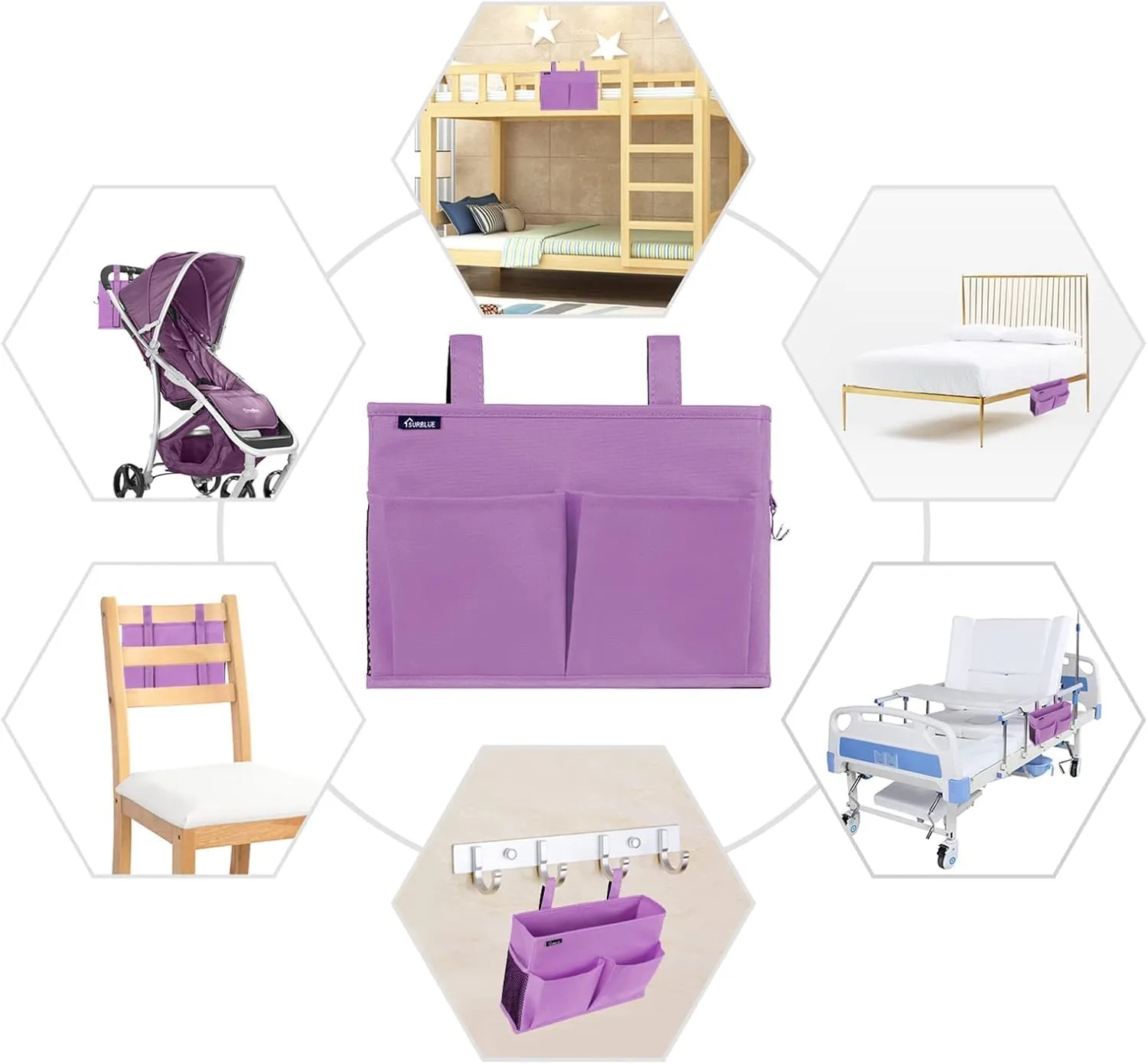 Surblue Caddy Hanging Organizer Bedside Storage Bag for Bunk and Hospital Beds, Purple, Small