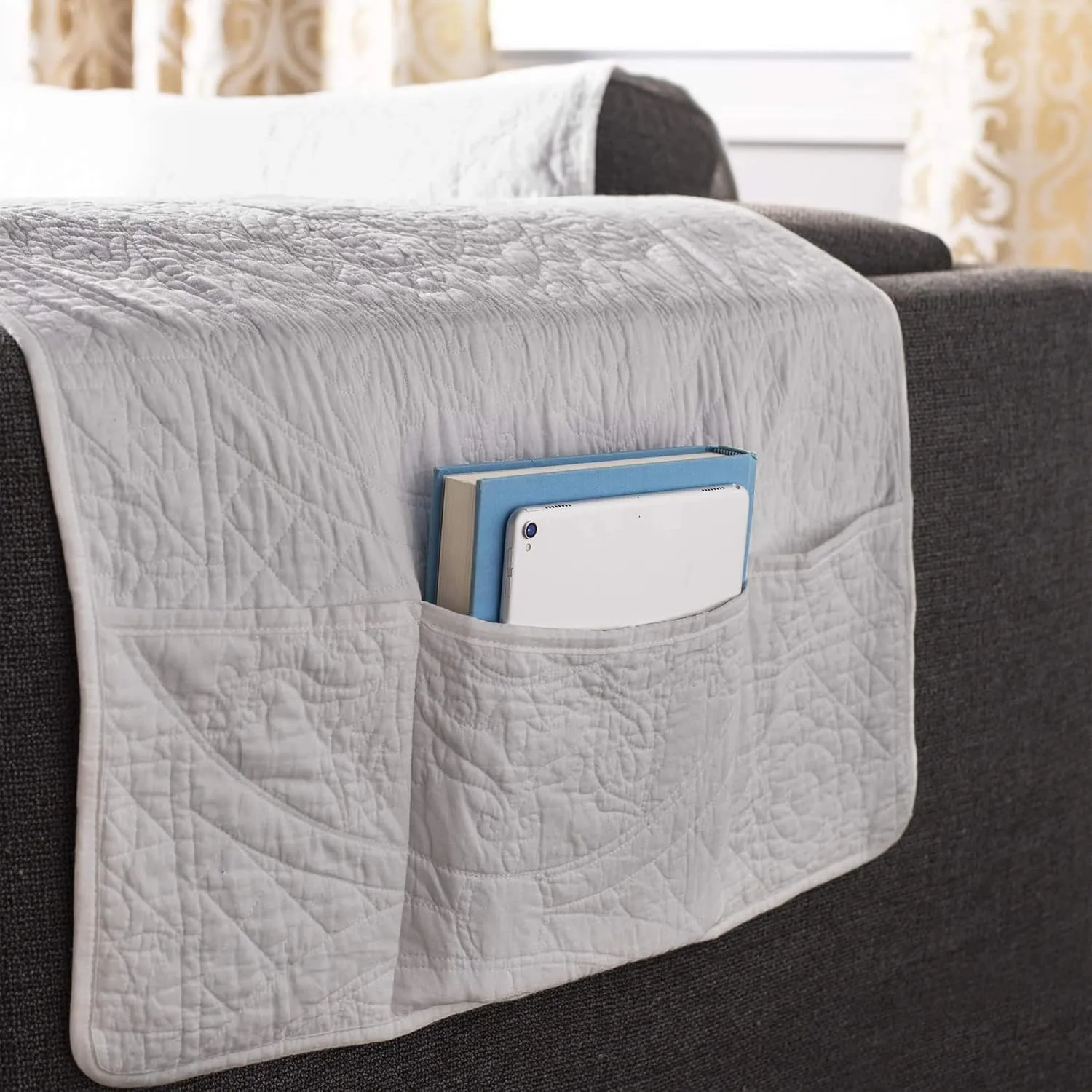 SureFit Heirloom Quilted Cotton Furniture Cover with Scallop Edge, Armchair Cover, Pet Friendly, Machine Washable, White