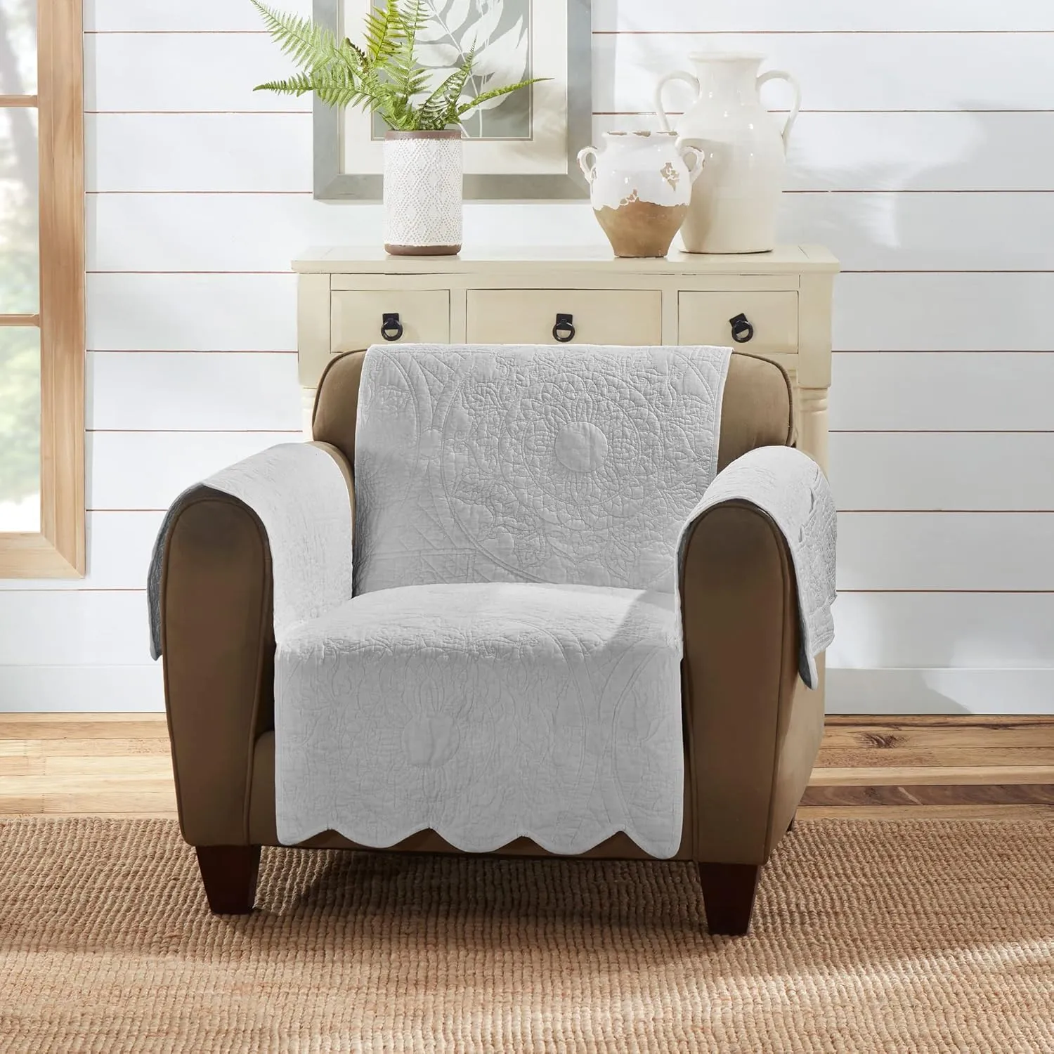 SureFit Heirloom Quilted Cotton Furniture Cover with Scallop Edge, Armchair Cover, Pet Friendly, Machine Washable, White