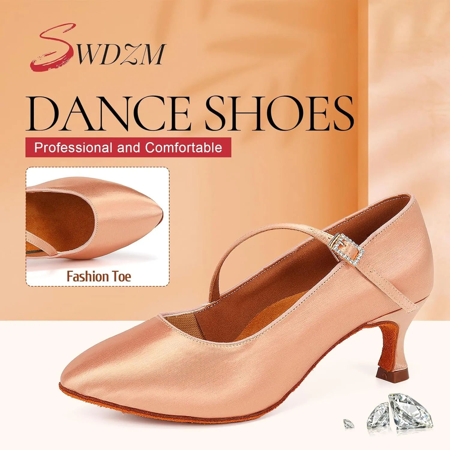 SWDZM Rhinestone Womens Latin Dance Shoes Suede Sole Ballroom Waltz Social Dance Shoes Closed Toe
