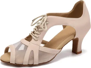 SWDZM Women's Lace-up Latin Dance Shoes Open Toe Ballroom Salsa Dance Practice Shoes,Model FT087