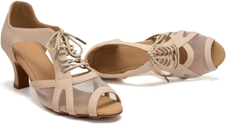 SWDZM Women's Lace-up Latin Dance Shoes Open Toe Ballroom Salsa Dance Practice Shoes,Model FT087