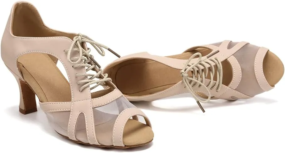 SWDZM Women's Lace-up Latin Dance Shoes Open Toe Ballroom Salsa Dance Practice Shoes,Model FT087