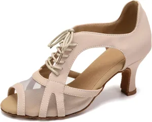 SWDZM Women's Lace-up Latin Dance Shoes Open Toe Ballroom Salsa Dance Practice Shoes,Model FT087