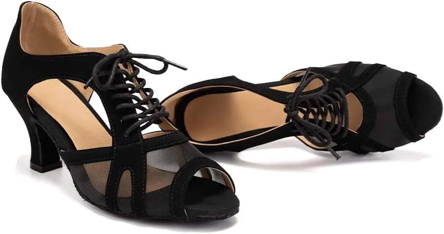 SWDZM Women's Lace-up Latin Dance Shoes Open Toe Ballroom Salsa Dance Practice Shoes,Model FT087
