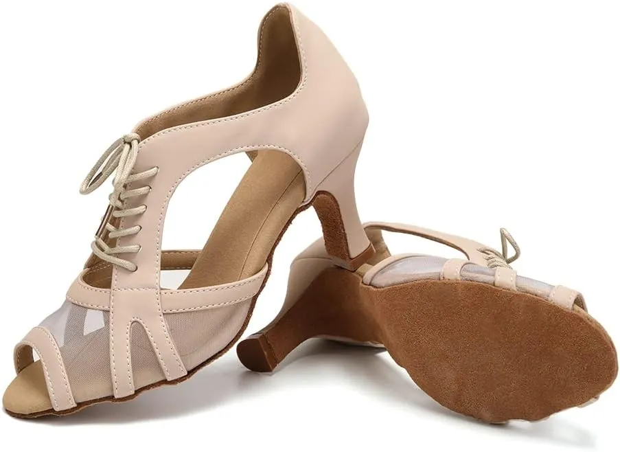 SWDZM Women's Lace-up Latin Dance Shoes Open Toe Ballroom Salsa Dance Practice Shoes,Model FT087