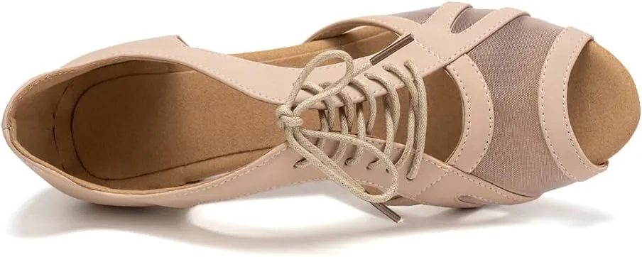 SWDZM Women's Lace-up Latin Dance Shoes Open Toe Ballroom Salsa Dance Practice Shoes,Model FT087