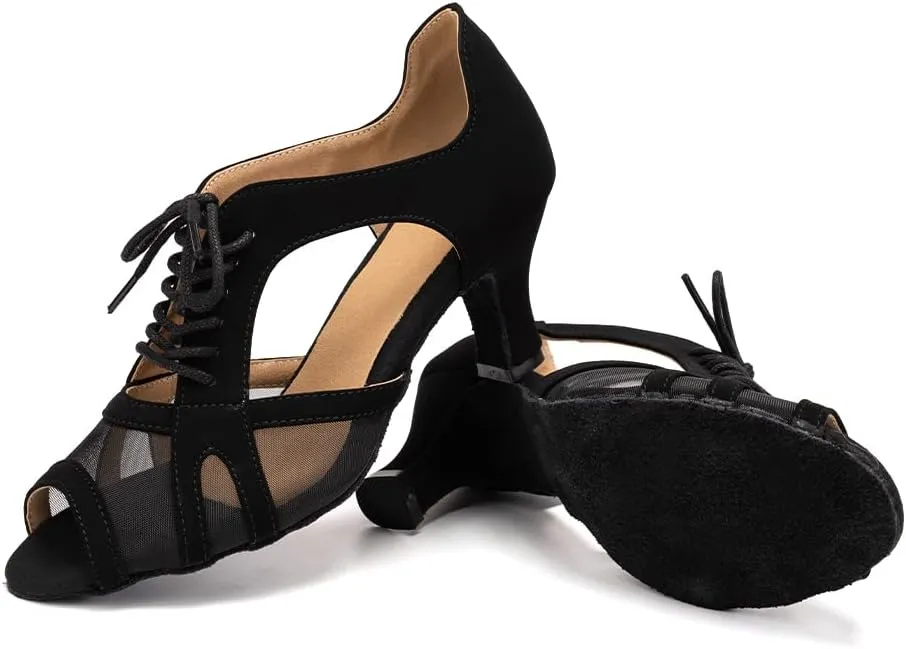 SWDZM Women's Lace-up Latin Dance Shoes Open Toe Ballroom Salsa Dance Practice Shoes,Model FT087