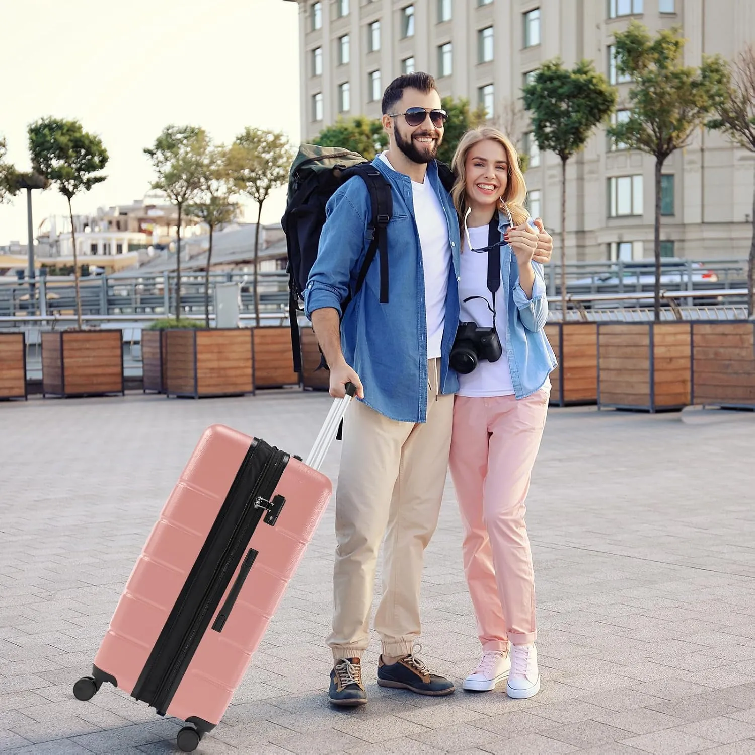 Sweetcrispy Carry on Luggage, Hard Shell ABS, Double Spinner Wheels Lightweight Suitcase TSA Lock, Light Pink, 24 Inch