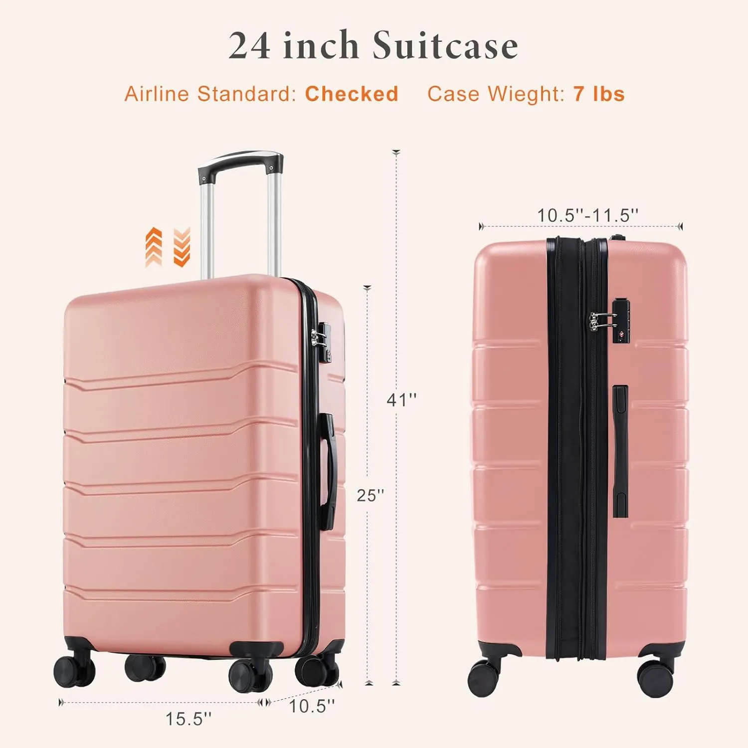 Sweetcrispy Carry on Luggage, Hard Shell ABS, Double Spinner Wheels Lightweight Suitcase TSA Lock, Light Pink, 24 Inch