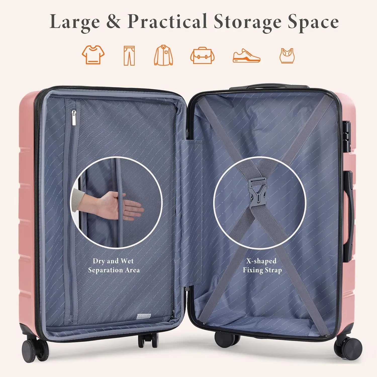 Sweetcrispy Carry on Luggage, Hard Shell ABS, Double Spinner Wheels Lightweight Suitcase TSA Lock, Light Pink, 3-PCS Set (20/24/28 Inch)