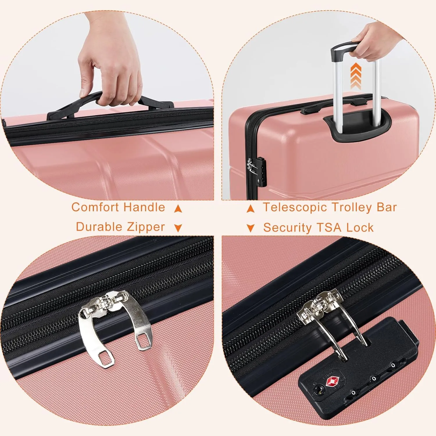 Sweetcrispy Carry on Luggage, Hard Shell ABS, Double Spinner Wheels Lightweight Suitcase TSA Lock, Light Pink, 3-PCS Set (20/24/28 Inch)