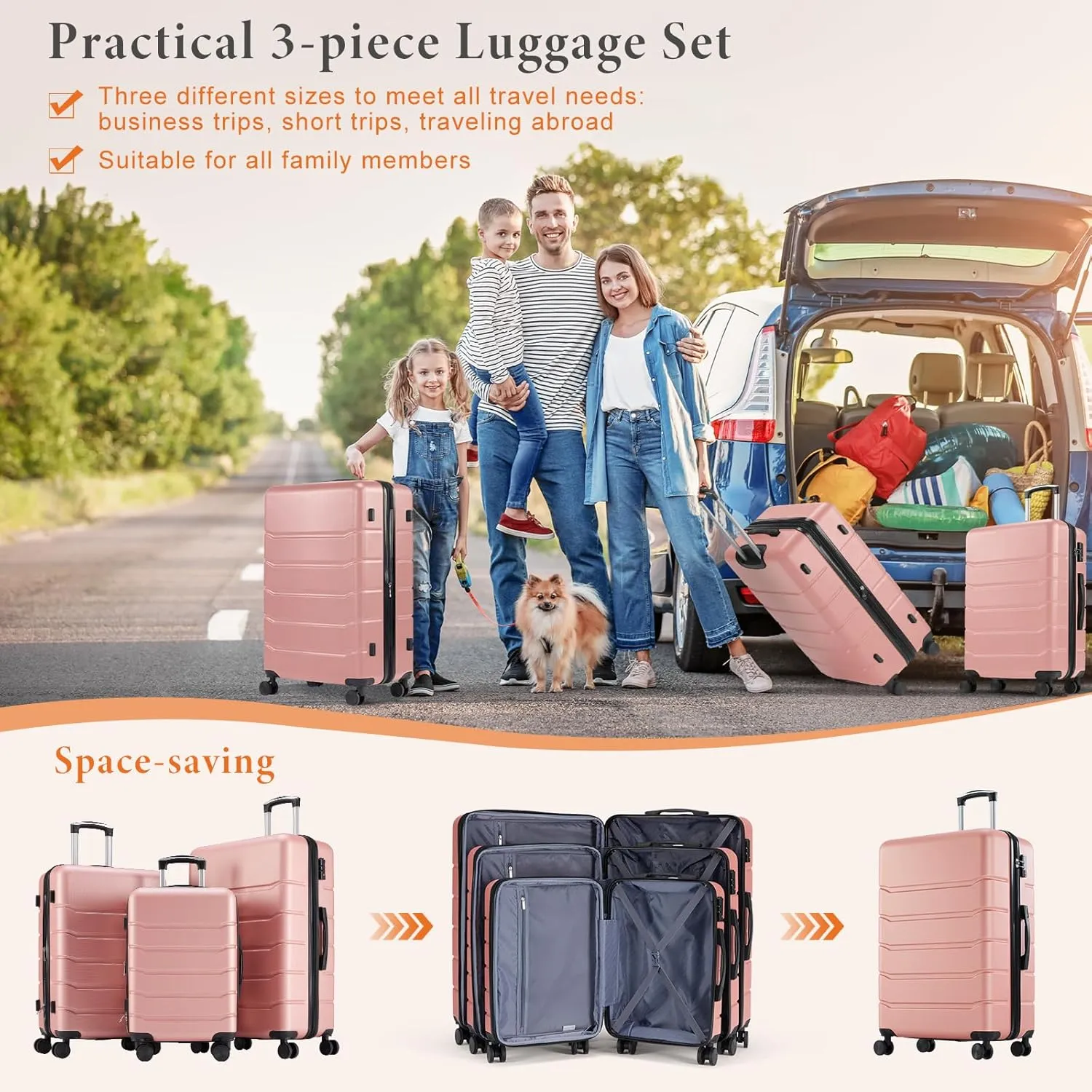 Sweetcrispy Carry on Luggage, Hard Shell ABS, Double Spinner Wheels Lightweight Suitcase TSA Lock, Light Pink, 3-PCS Set (20/24/28 Inch)