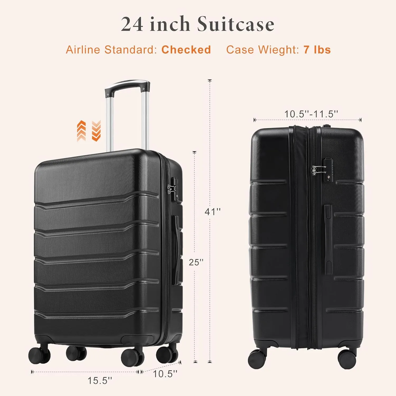 Sweetcrispy Carry on Luggage, Hard Shell ABS, Double Spinner Wheels Lightweight Suitcase TSA Lock, Natural Black, 24 Inch