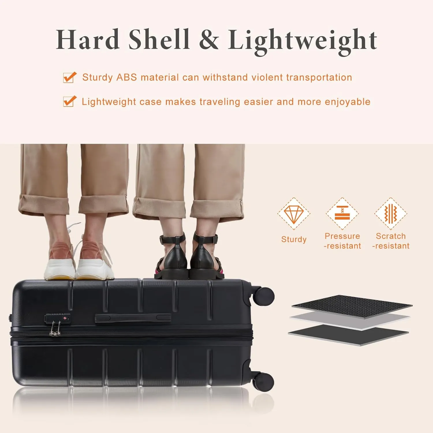 Sweetcrispy Carry on Luggage, Hard Shell ABS, Double Spinner Wheels Lightweight Suitcase TSA Lock, Natural Black, 3-PCS Set (20/24/28 Inch)