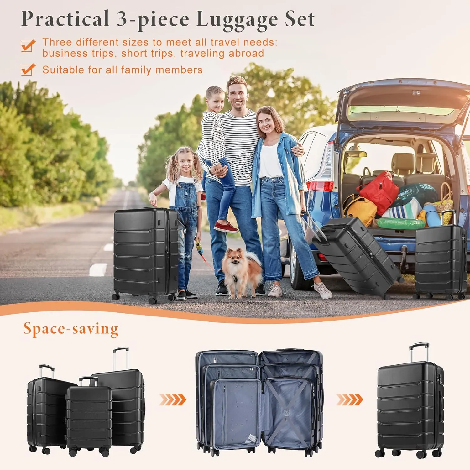 Sweetcrispy Carry on Luggage, Hard Shell ABS, Double Spinner Wheels Lightweight Suitcase TSA Lock, Natural Black, 3-PCS Set (20/24/28 Inch)