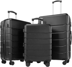 Sweetcrispy Carry on Luggage, Hard Shell ABS, Double Spinner Wheels Lightweight Suitcase TSA Lock, Natural Black, 3-PCS Set (20/24/28 Inch)