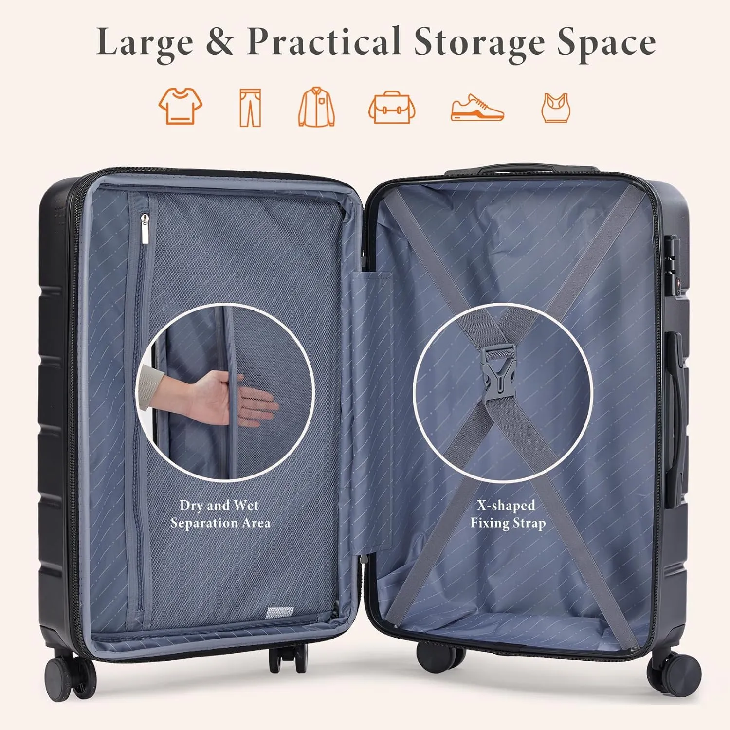 Sweetcrispy Carry on Luggage, Hard Shell ABS, Double Spinner Wheels Lightweight Suitcase TSA Lock, Natural Black, 3-PCS Set (20/24/28 Inch)