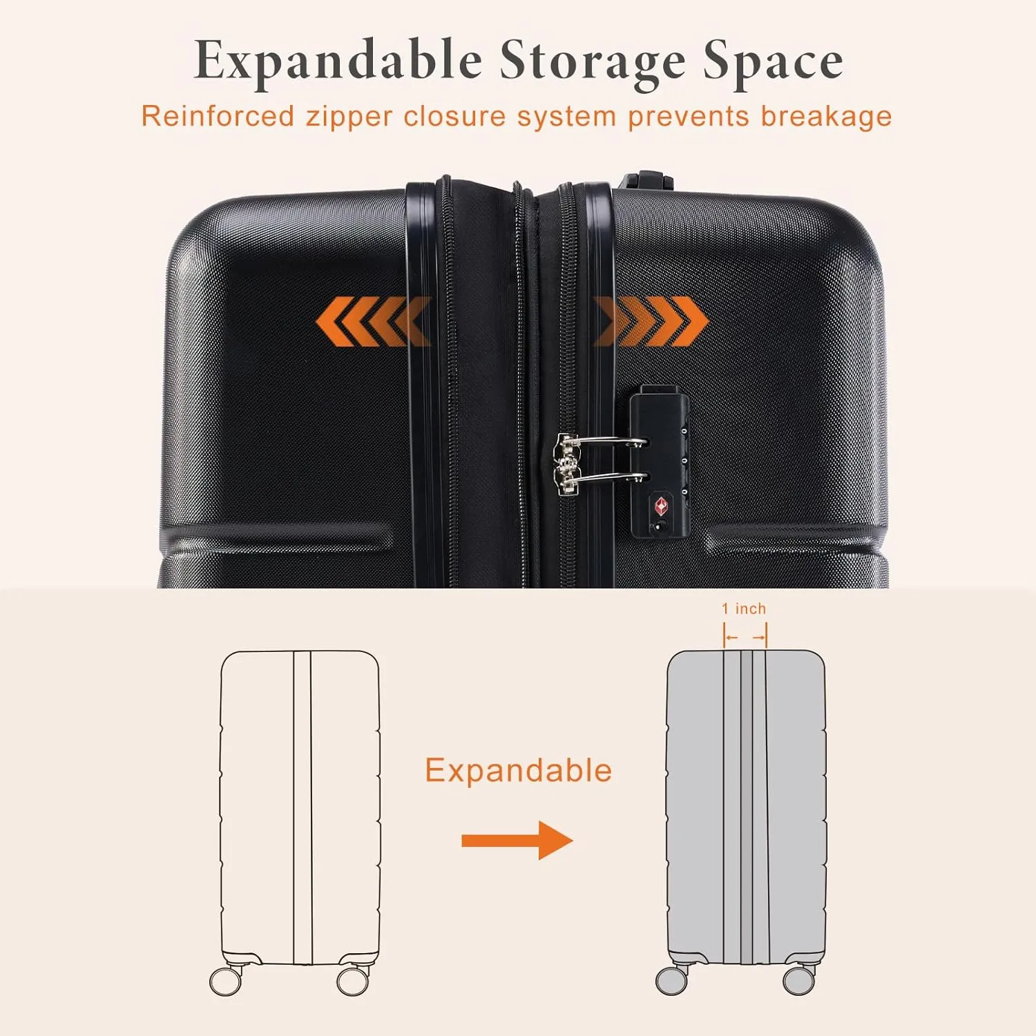 Sweetcrispy Carry on Luggage, Hard Shell ABS, Double Spinner Wheels Lightweight Suitcase TSA Lock, Natural Black, 3-PCS Set (20/24/28 Inch)