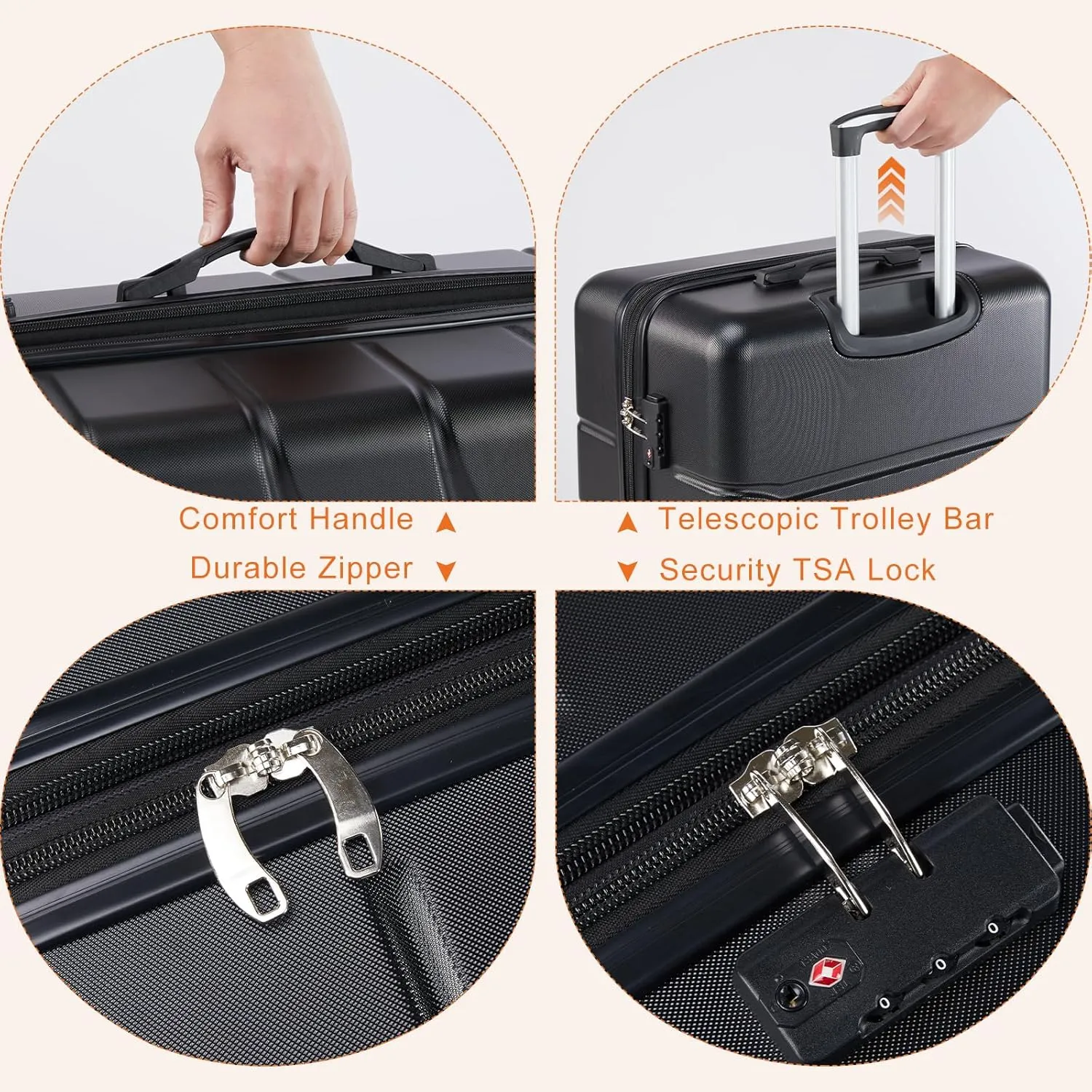 Sweetcrispy Carry on Luggage, Hard Shell ABS, Double Spinner Wheels Lightweight Suitcase TSA Lock, Natural Black, 3-PCS Set (20/24/28 Inch)