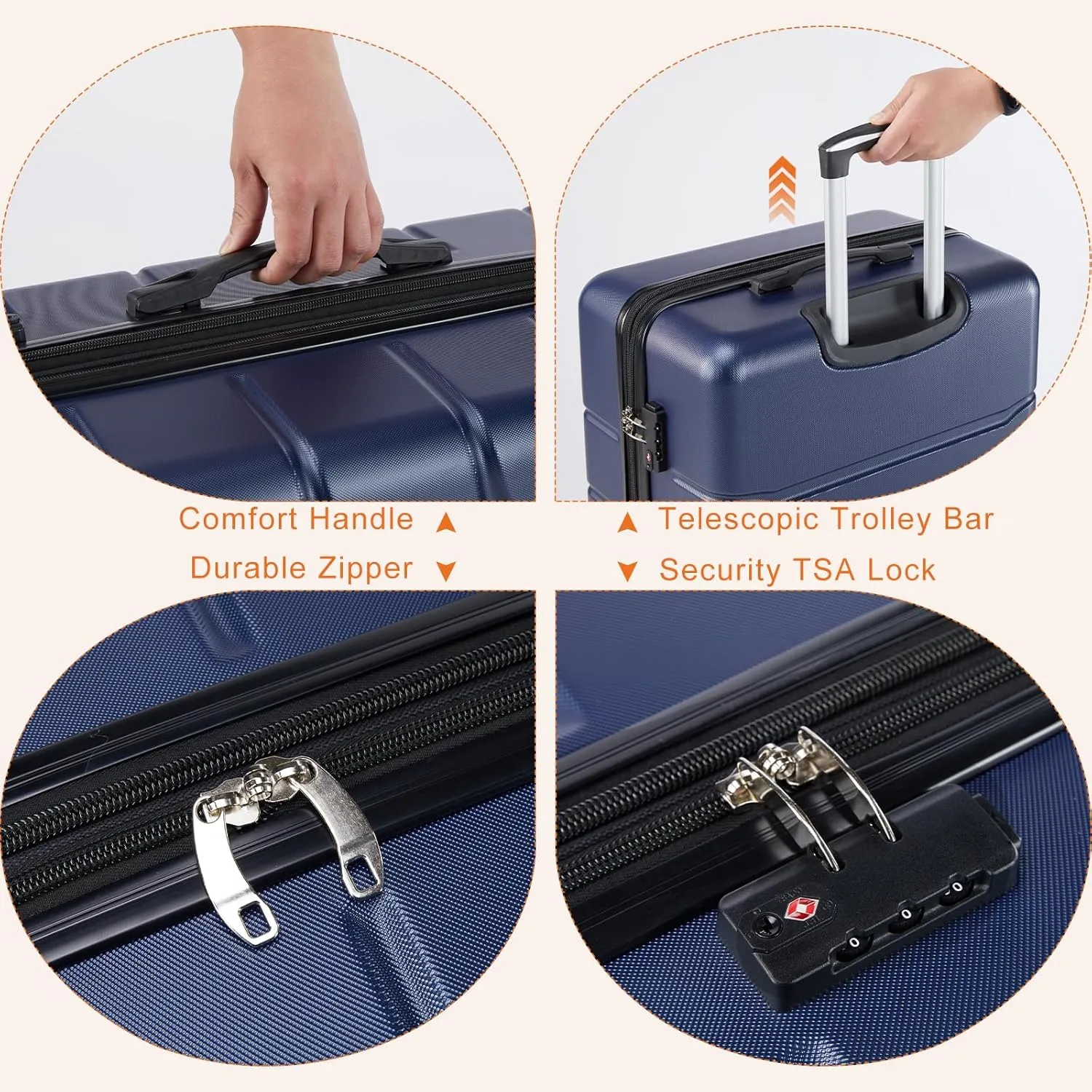 Sweetcrispy Carry on Luggage, Hard Shell ABS, Double Spinner Wheels Lightweight Suitcase TSA Lock, Navy Blue, 3-PCS Set (20/24/28 Inch)