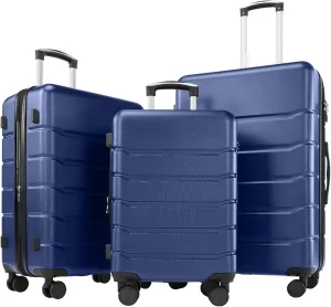 Sweetcrispy Carry on Luggage, Hard Shell ABS, Double Spinner Wheels Lightweight Suitcase TSA Lock, Navy Blue, 3-PCS Set (20/24/28 Inch)