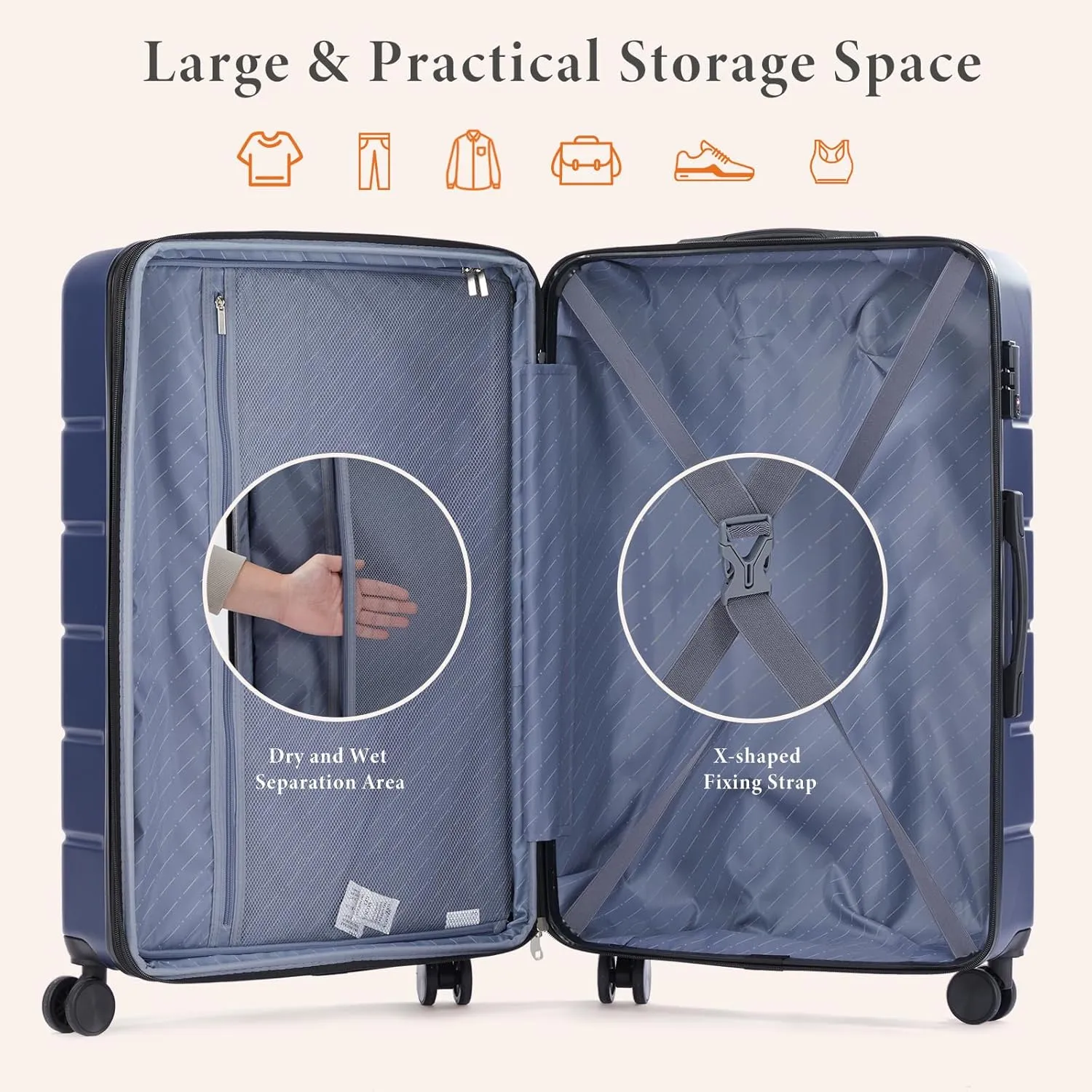 Sweetcrispy Carry on Luggage, Hard Shell ABS, Double Spinner Wheels Lightweight Suitcase TSA Lock, Navy Blue, 3-PCS Set (20/24/28 Inch)