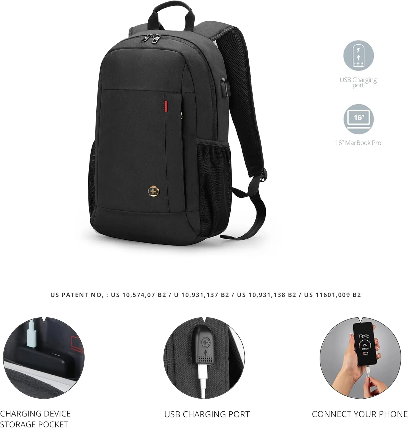 Swissdigital Design College Laptop Backpack, Travel Laptops Backpack with USB Charging Port for Men & Women Fits 15.6 Inch Notebook, Black l ARBON