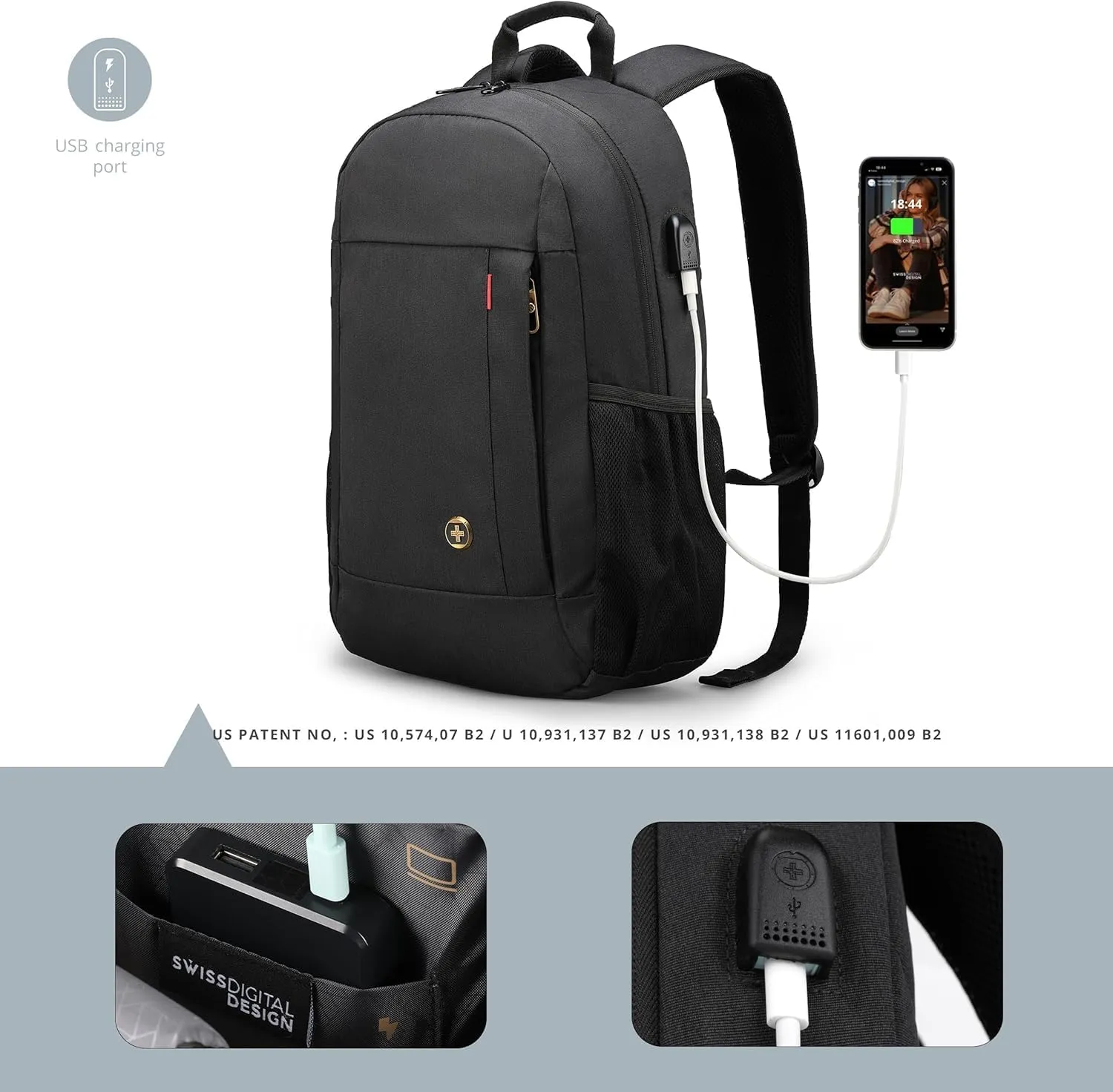 Swissdigital Design College Laptop Backpack, Travel Laptops Backpack with USB Charging Port for Men & Women Fits 15.6 Inch Notebook, Black l ARBON