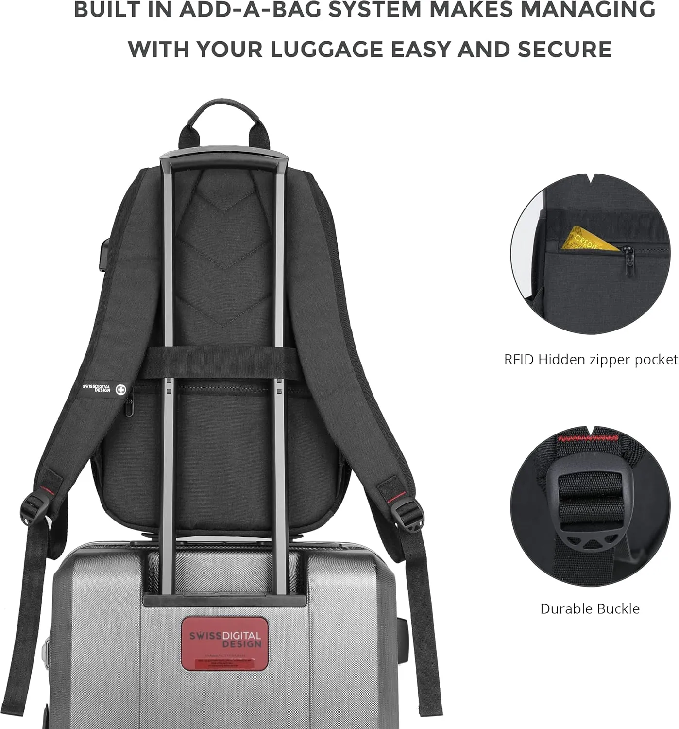 Swissdigital Design College Laptop Backpack, Travel Laptops Backpack with USB Charging Port for Men & Women Fits 15.6 Inch Notebook, Black l ARBON
