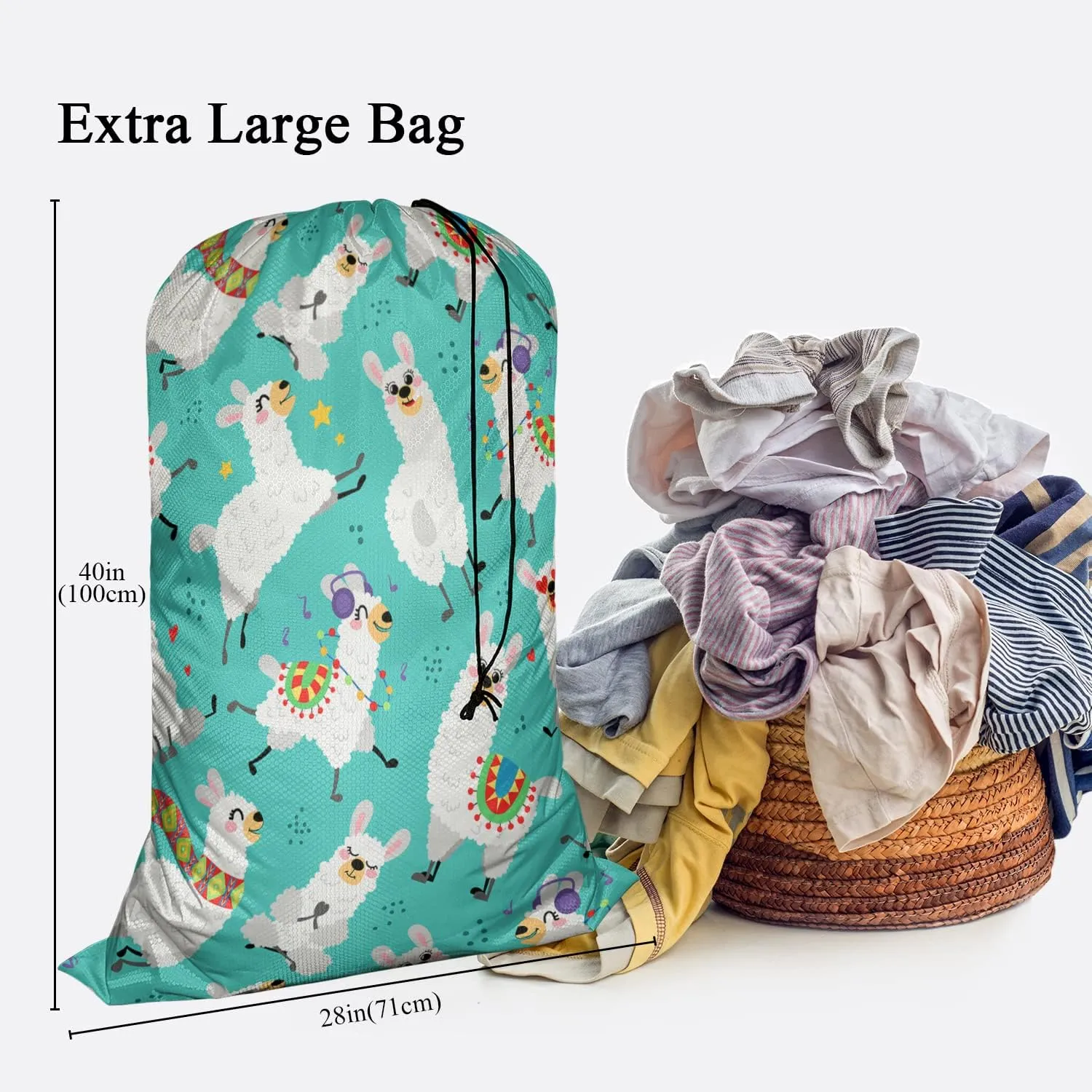 Swono Alpaca Large Dirty Clothes Laundry Bag for Laundry Basket Hamper, Cartoon Llamas Cute Animal Wildlife Machine Washable Dirty Clothes Organizer, 28x40 Inch, Blue