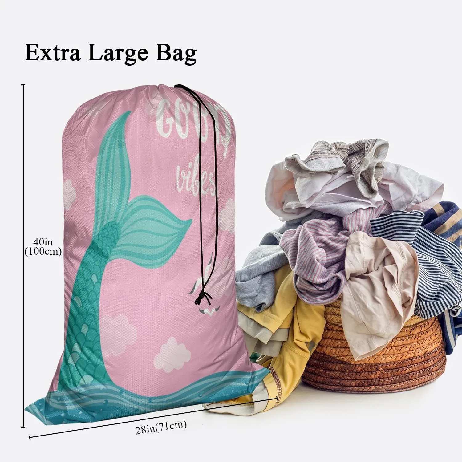 Swono Bible Verse Large Laundry Bag Washable Large Dirty Clothes, Good Vibes Lettering Drawstring Organizer Bag, Fit Hamper Basket Camp Travel Home Home Dorm, Mermaid Tail Sea Seagulls