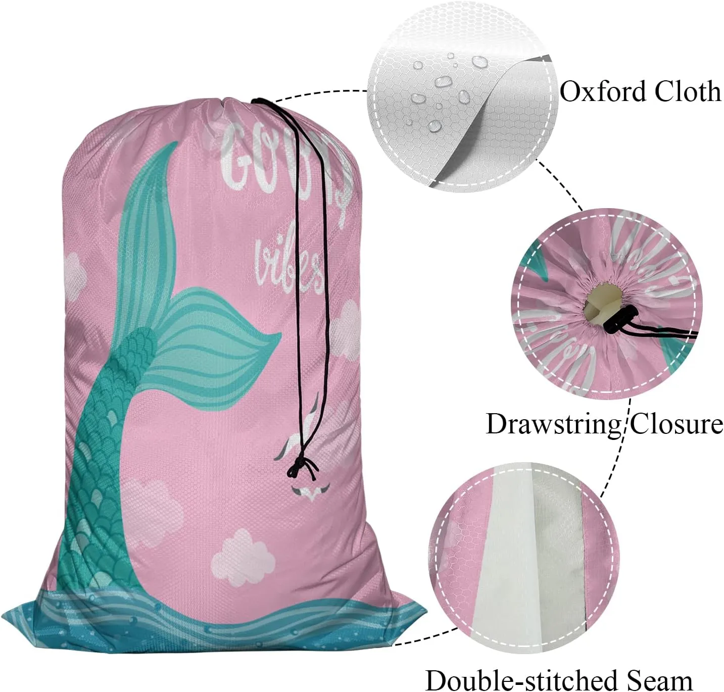 Swono Bible Verse Large Laundry Bag Washable Large Dirty Clothes, Good Vibes Lettering Drawstring Organizer Bag, Fit Hamper Basket Camp Travel Home Home Dorm, Mermaid Tail Sea Seagulls