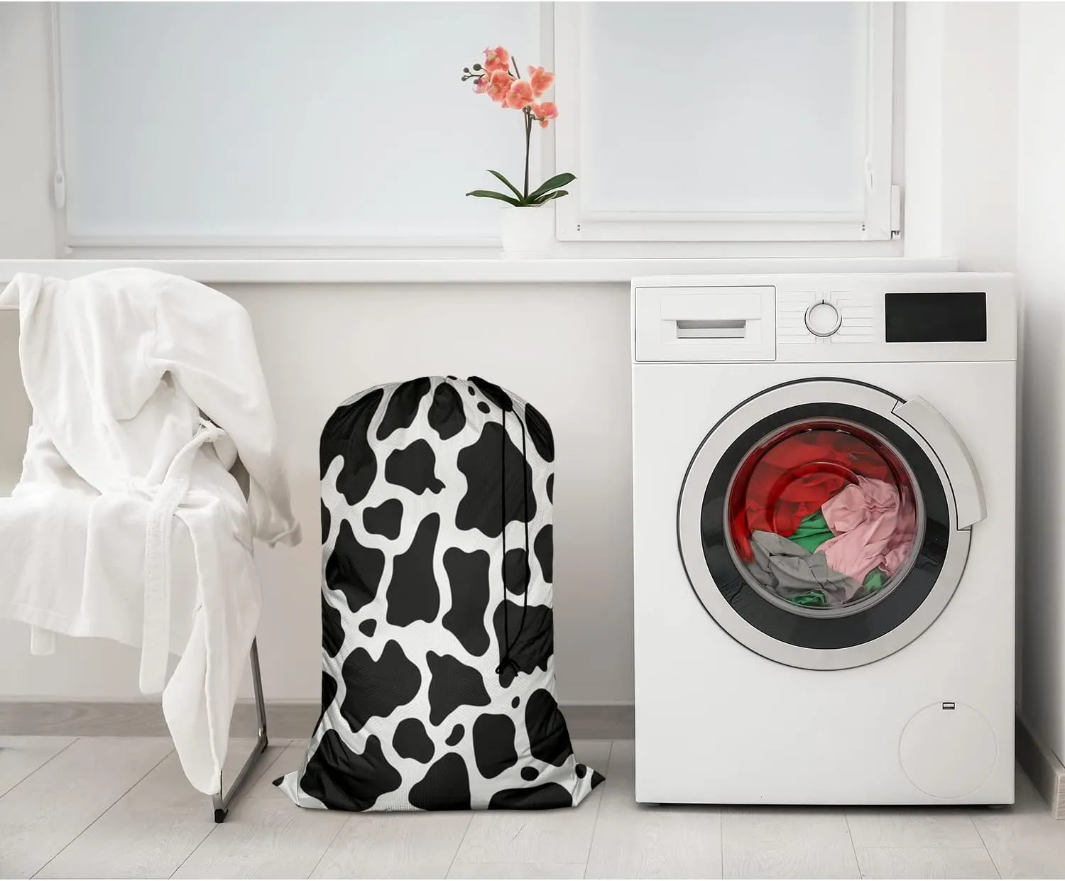 Swono Cowhide Print Travel Laundry Bag, Vintage Cow Spots White Black Repeated Milk Fur Machine Washable Dirty Clothes Organizer, Large Enough to Hold 4 Loads of Laundry, Oxford Cloth, Animal Print