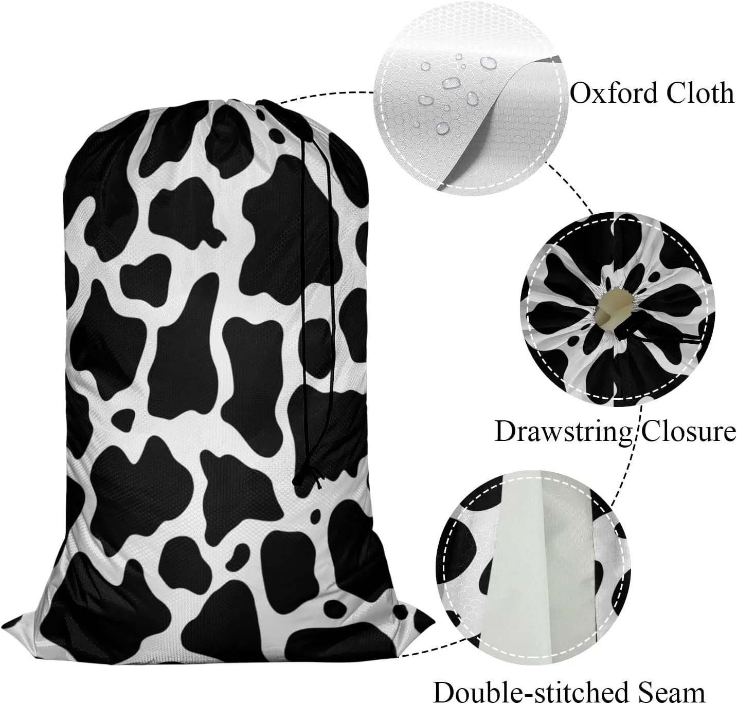 Swono Cowhide Print Travel Laundry Bag, Vintage Cow Spots White Black Repeated Milk Fur Machine Washable Dirty Clothes Organizer, Large Enough to Hold 4 Loads of Laundry, Oxford Cloth, Animal Print