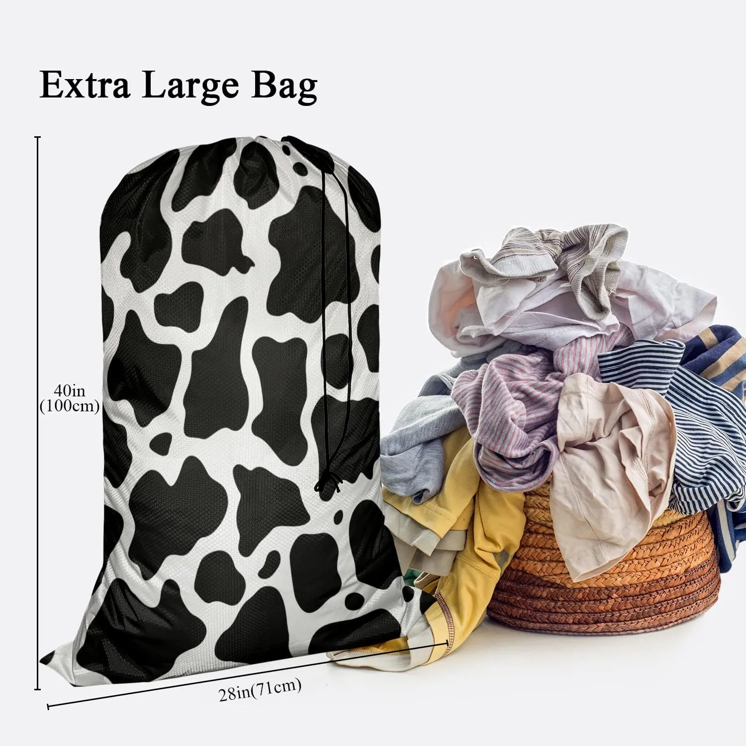 Swono Cowhide Print Travel Laundry Bag, Vintage Cow Spots White Black Repeated Milk Fur Machine Washable Dirty Clothes Organizer, Large Enough to Hold 4 Loads of Laundry, Oxford Cloth, Animal Print